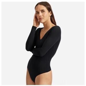 Everlane Womens The Long-Sleeve V-Neck Bodysuit Thong Black Supima Cotton Sz S